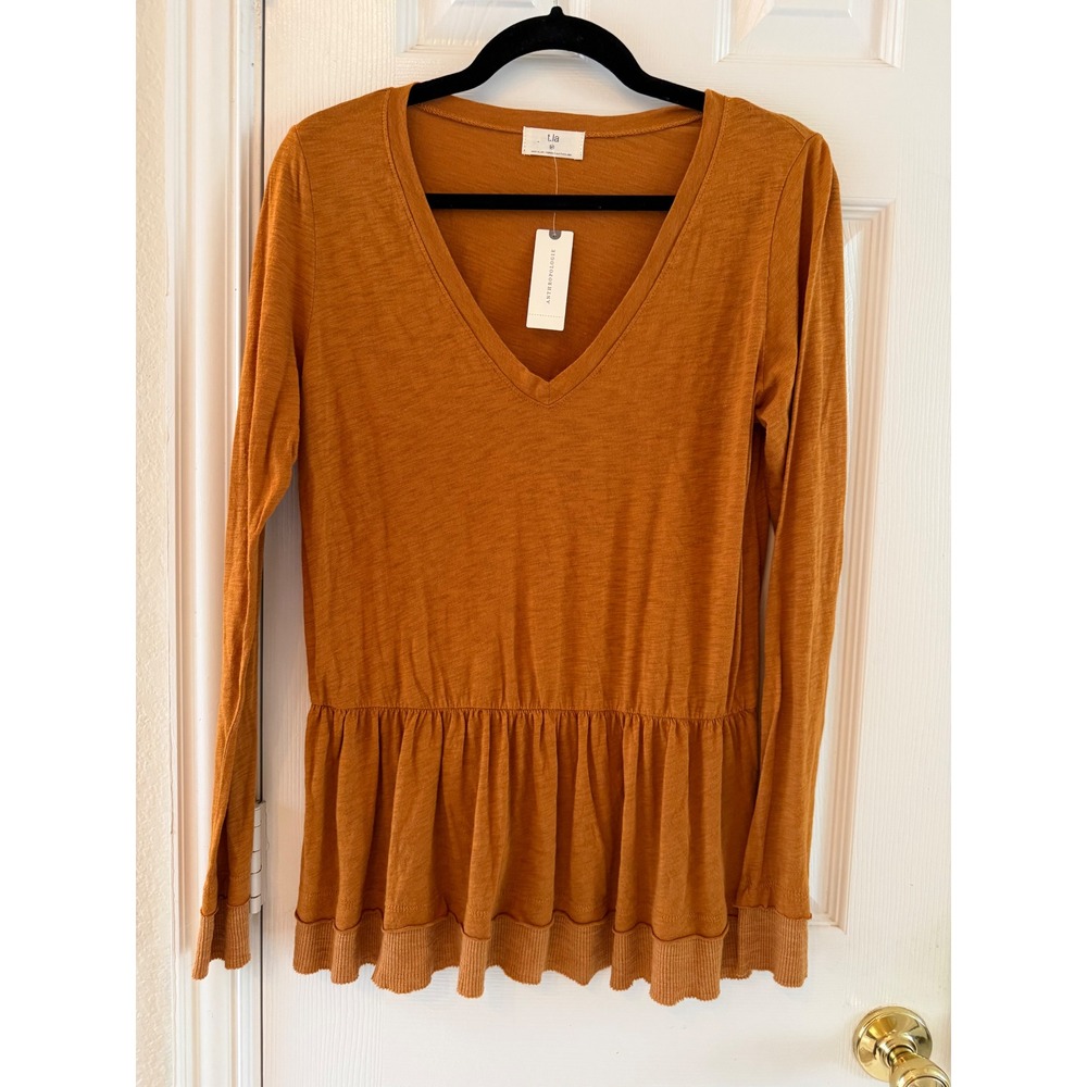 Anthropologie t.la Peplum V Neck Long Sleeve Top Rust Caramel NWT Medium - Picture 2 of 8